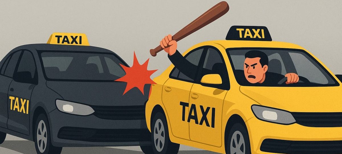 таксист бьет бейсбольной битой машину такси