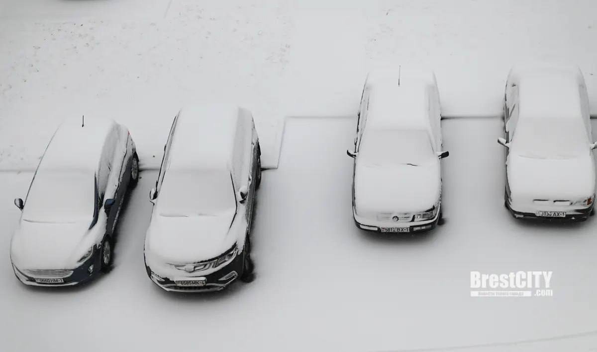 Машины в снегу в Бресте.