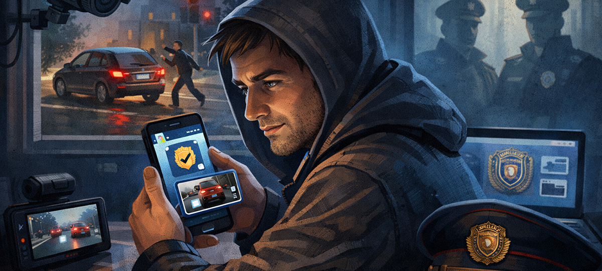 мужчина отправляет данные в чат-бот на правонарушения на дорогах