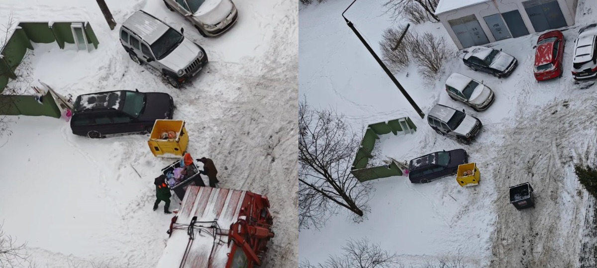 мусоровоз оставил контейнер посередине улицы