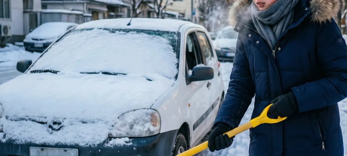 Девушка очищает парковку от снега. Иллюстративное фото