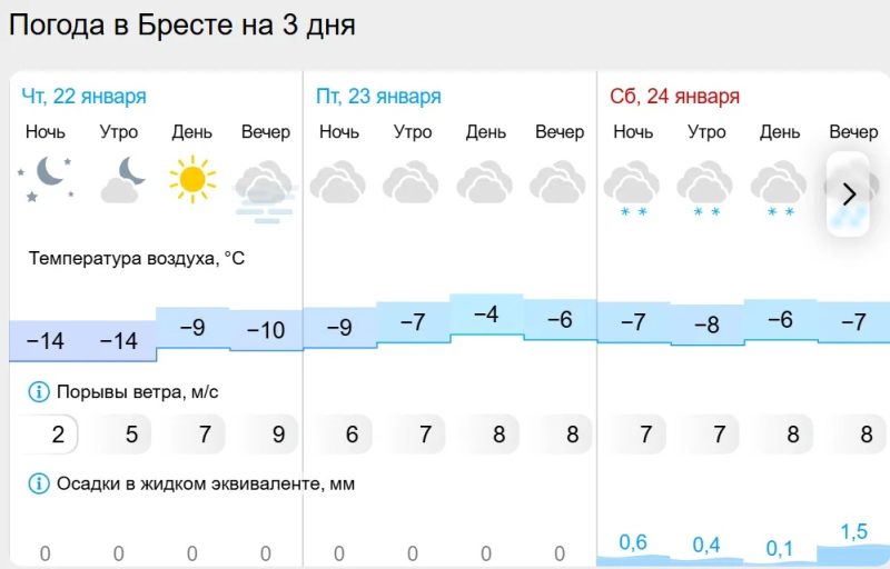Прогноз погоды в Бресте с 22 по 24 января 2026 года