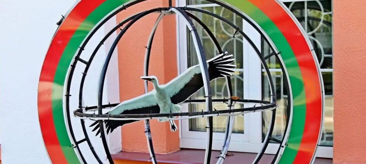 аист в металлической клетке