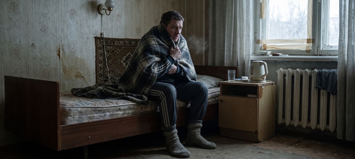 Мужчина мерзнет на кровати